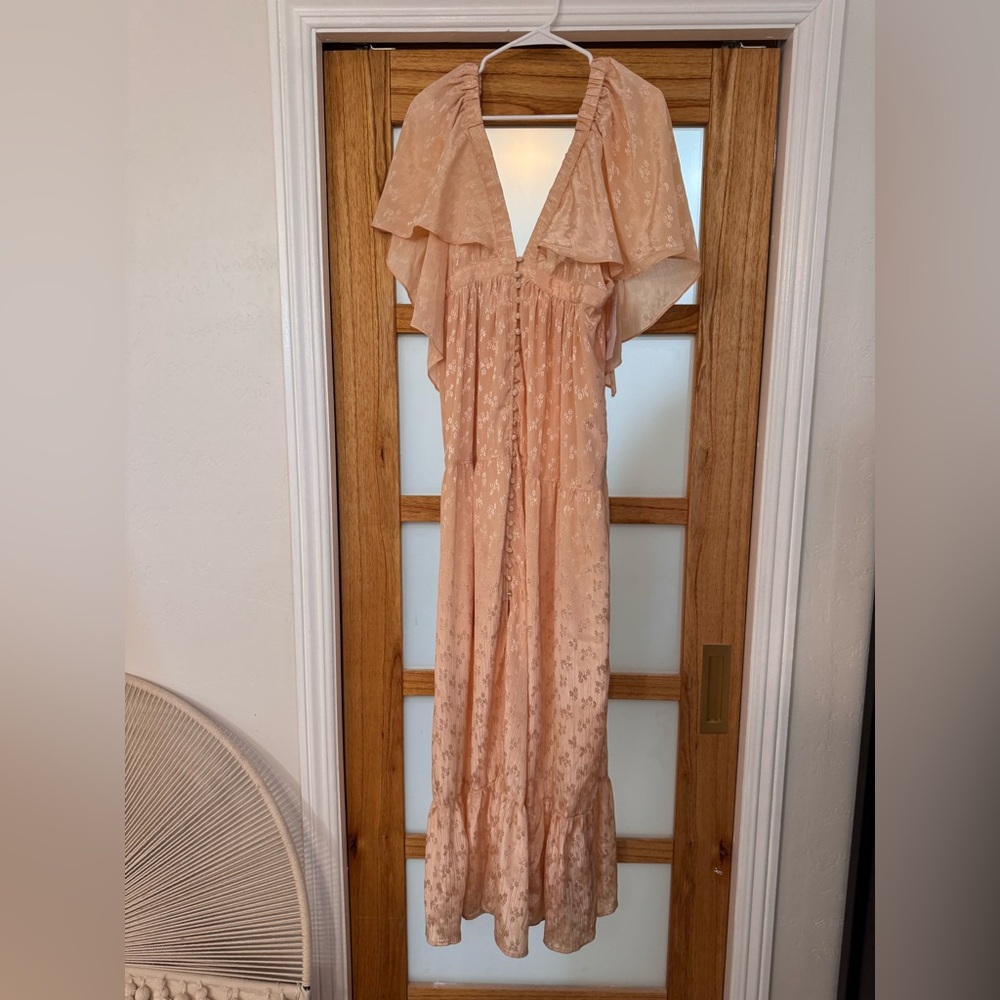 RARE** Free People Pink Maxi Dress with Flutter Sleeves and V-Neck - Picture 2 of 7